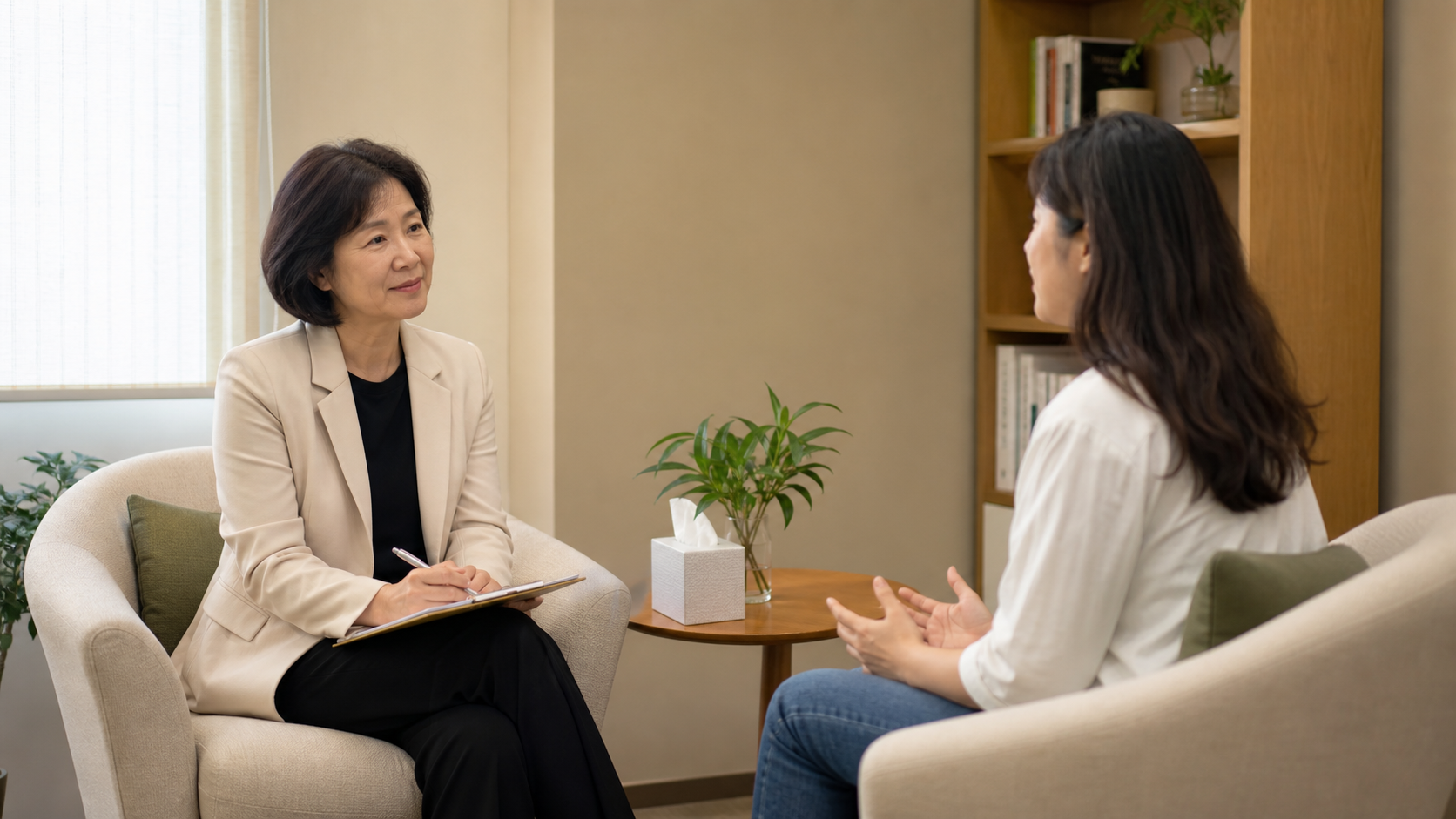 상담실에서 대화하는 상담자와 내담자의 현실적인 모습