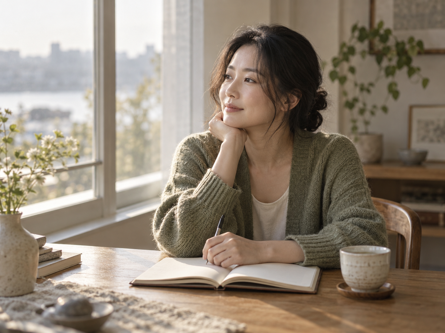 노트에 감정을 적으며 자신을 돌아보는 여성