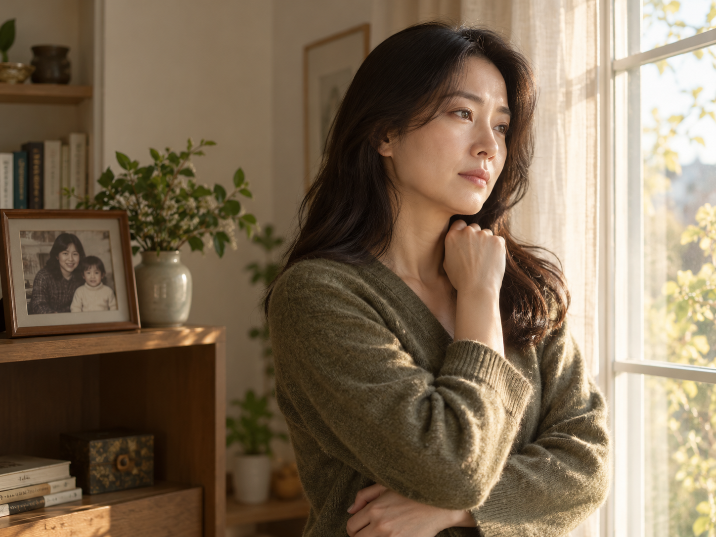 창가에서 오래된 마음을 돌아보는 여성